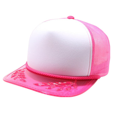 PB315 Five Panel Sponge Trucker with Transparent Bayleaf Visor [White/Neon Pink]