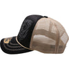 PIT BULL CAP ZDVI02 Amaze-In Zodiac Virgo Sponge Trucker, featuring a classic black and khaki sponge mesh cap design 4