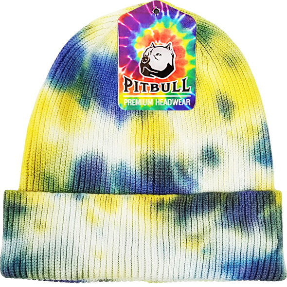 PB266 Pit Bull Tie Dye Cuffed Knit Beanie Hats [Indigo/Yellow]